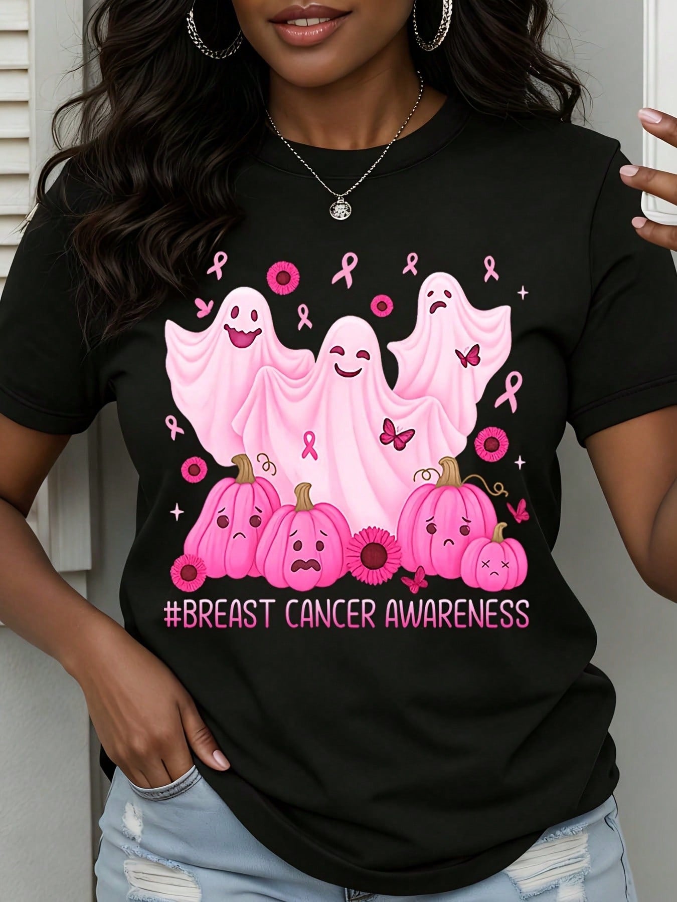 Breast Cancer Awareness Halloween Shirt Pink Ghost Pumpkin Graphic Tee Women Support Awareness Month Funny Top