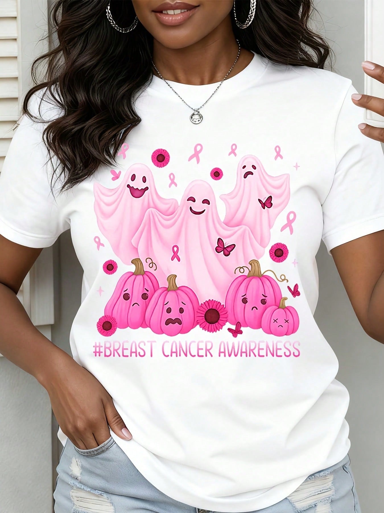 Breast Cancer Awareness Halloween Shirt Pink Ghost Pumpkin Graphic Tee Women Support Awareness Month Funny Top