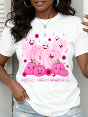 Breast Cancer Awareness Halloween Shirt Pink Ghost Pumpkin Graphic Tee Women Support Awareness Month Funny Top