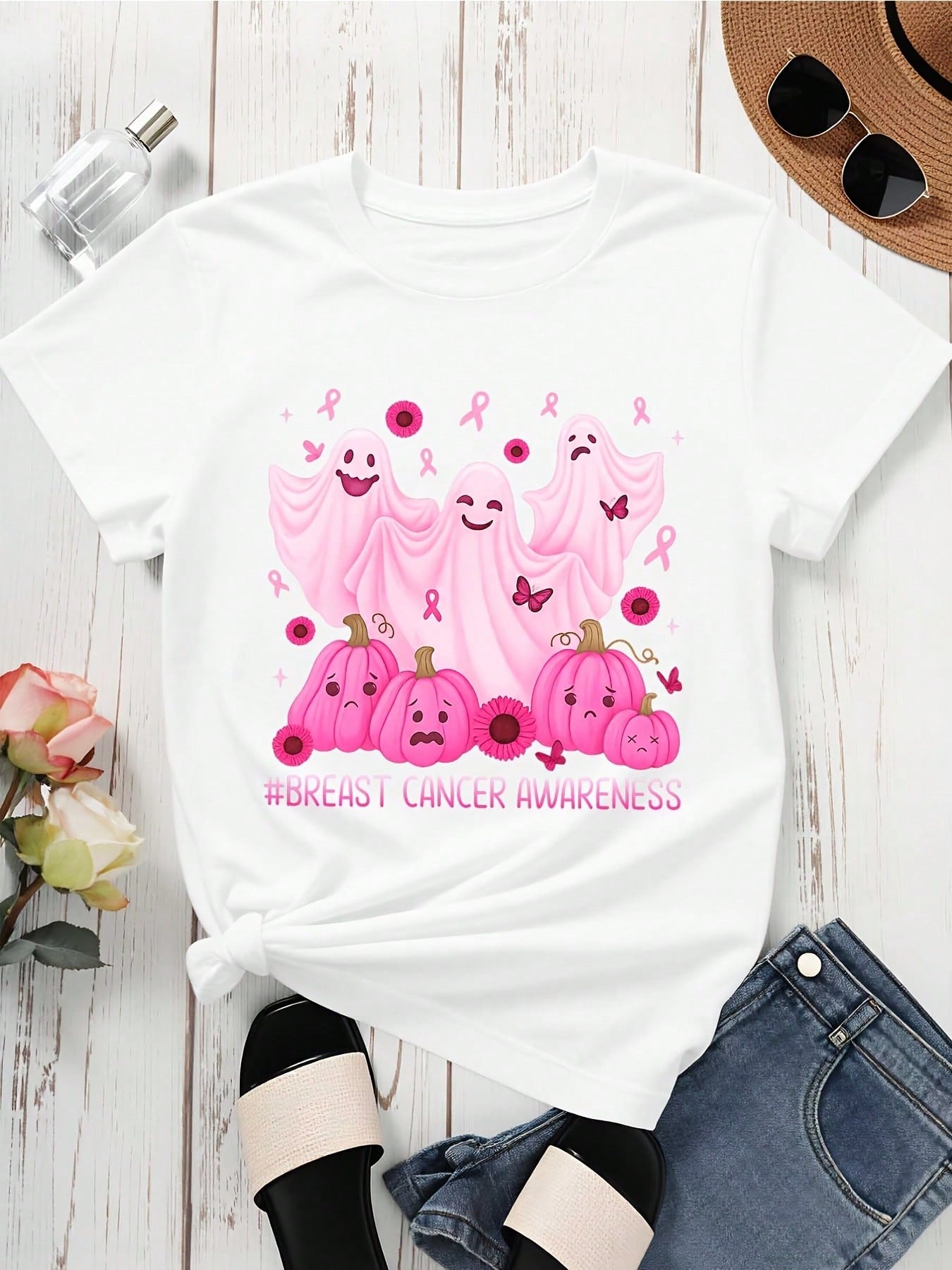 Breast Cancer Awareness Halloween Shirt Pink Ghost Pumpkin Graphic Tee Women Support Awareness Month Funny Top