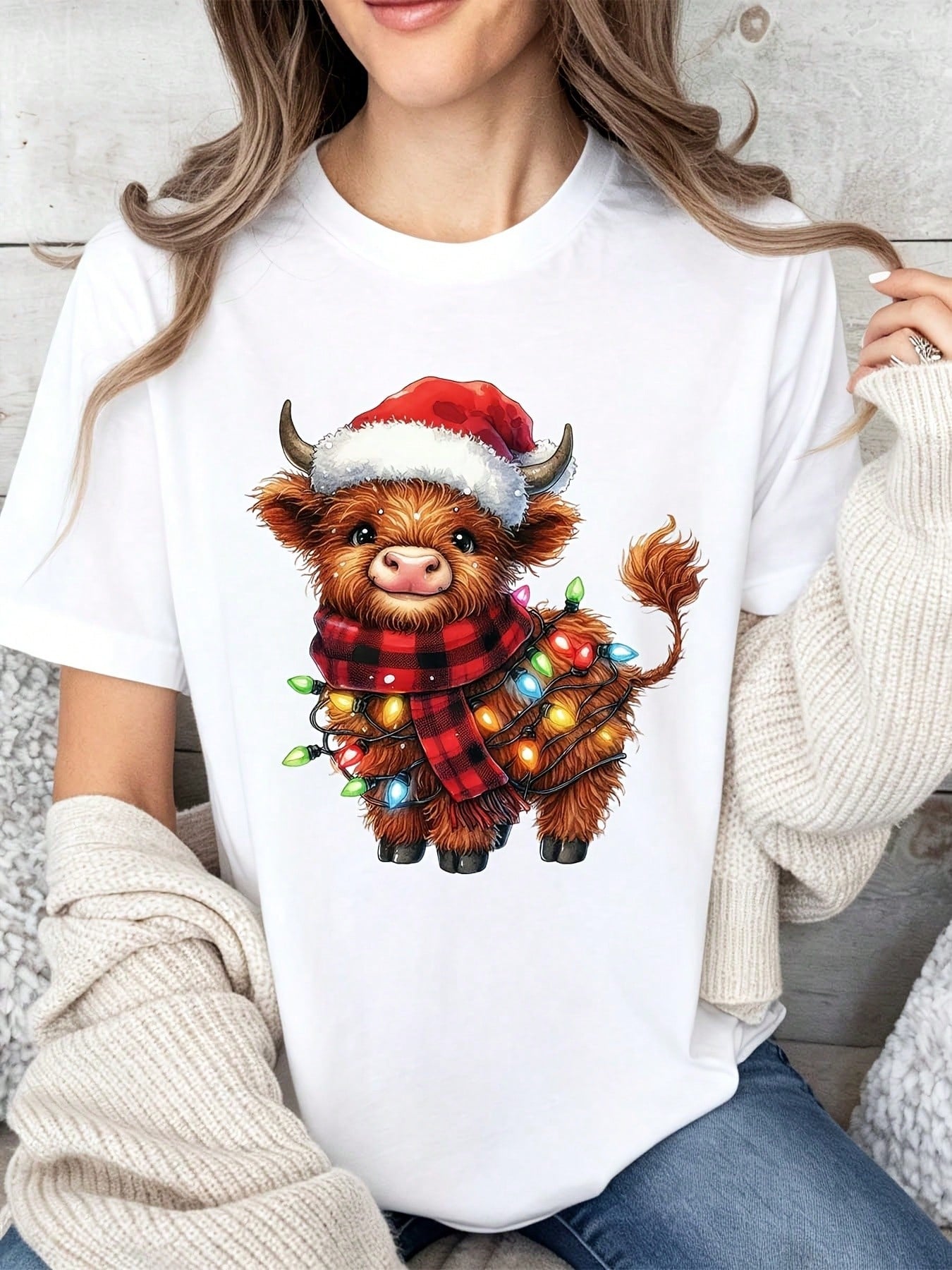 Christmas Highland Cow T Shirt Women Cute Santa Hat Plaid Scarf Lights Graphic Tee Festive Holiday Top Casual Short Sleeve