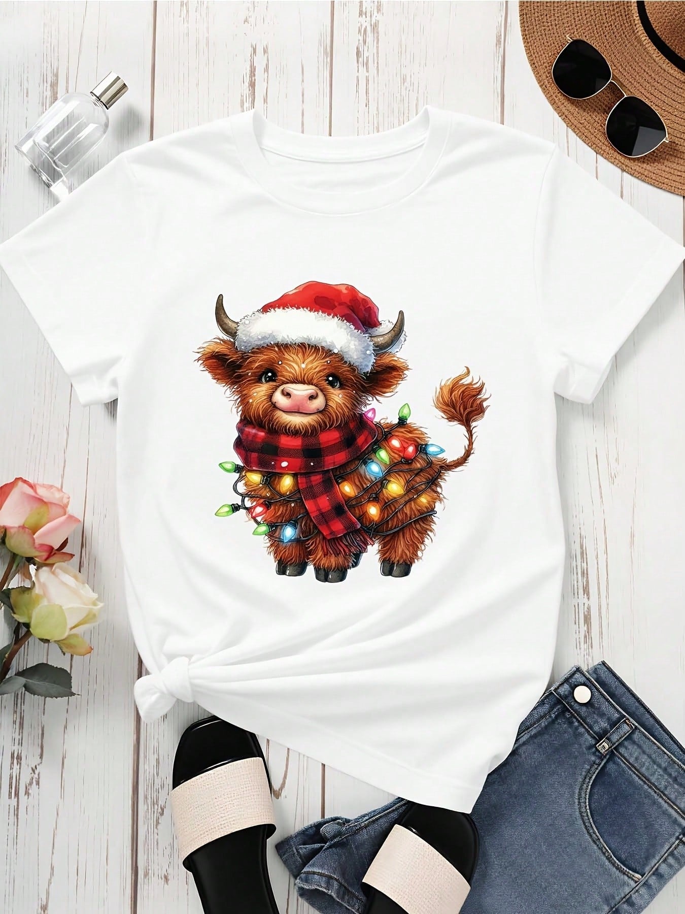Christmas Highland Cow T Shirt Women Cute Santa Hat Plaid Scarf Lights Graphic Tee Festive Holiday Top Casual Short Sleeve