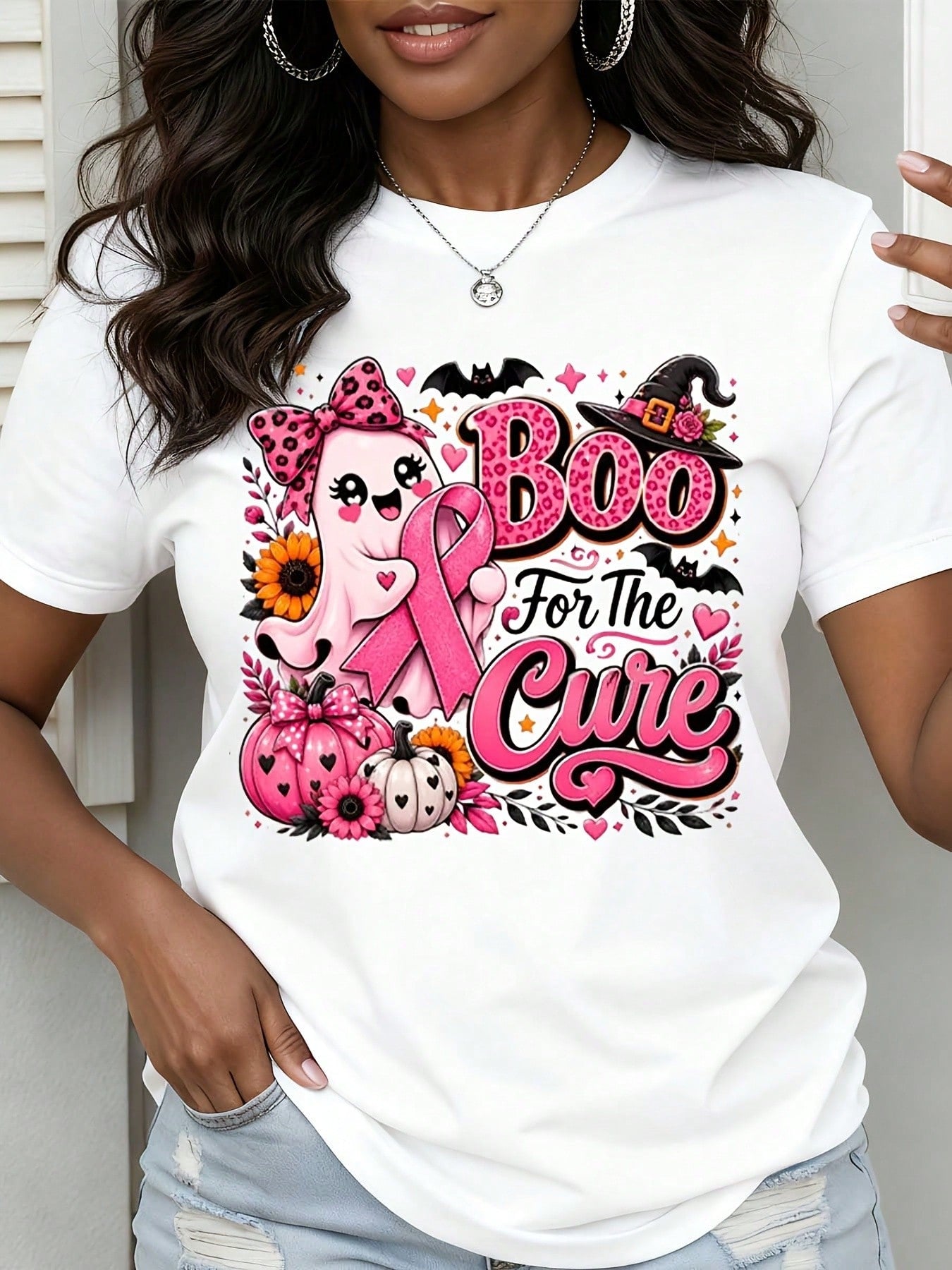 Boo For The Cure Breast Cancer Awareness Halloween Shirt Women Pink Ribbon Ghost Pumpkin Witch Hat Graphic Tee Top
