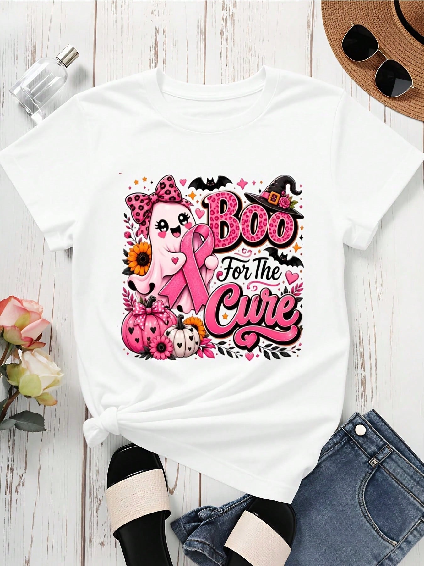 Boo For The Cure Breast Cancer Awareness Halloween Shirt Women Pink Ribbon Ghost Pumpkin Witch Hat Graphic Tee Top