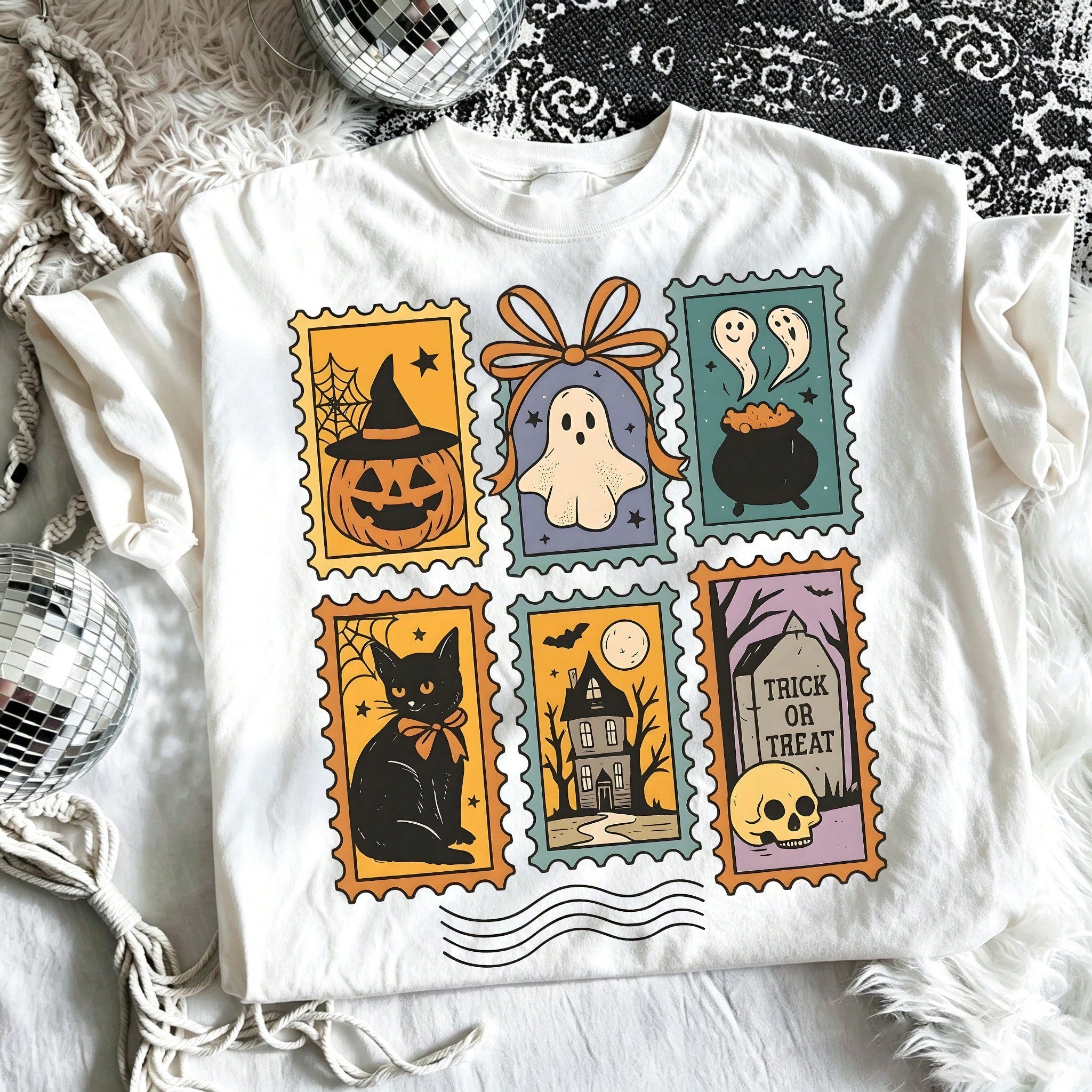 Retro Halloween Stamp Graphic Tee Vintage Ghost Pumpkin Black Cat Witch Hat Print Aesthetic Casual Holiday Short Sleeve T-Shirt