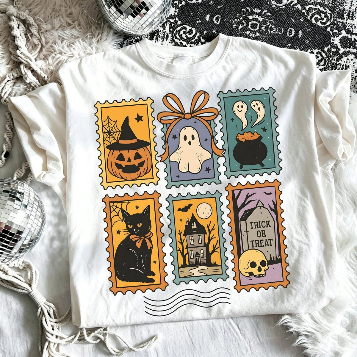 Retro Halloween Stamp Graphic Tee Vintage Ghost Pumpkin Black Cat Witch Hat Print Aesthetic Casual Holiday Short Sleeve T-Shirt