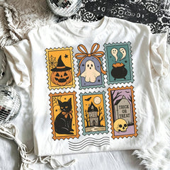 Retro Halloween Stamp Graphic Tee Vintage Ghost Pumpkin Black Cat Witch Hat Print Aesthetic Casual Holiday Short Sleeve T-Shirt