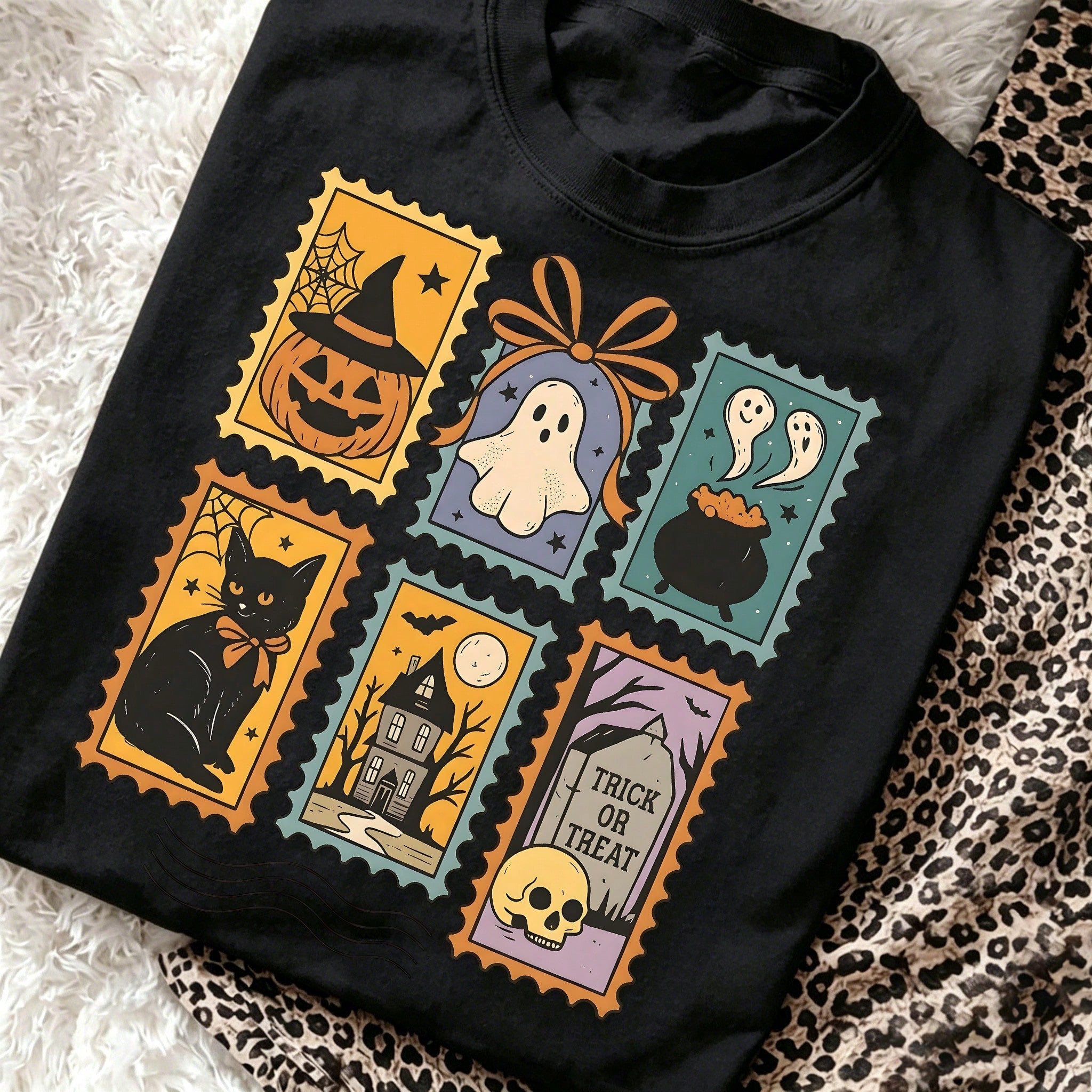 Retro Halloween Stamp Graphic Tee Vintage Ghost Pumpkin Black Cat Witch Hat Print Aesthetic Casual Holiday Short Sleeve T-Shirt