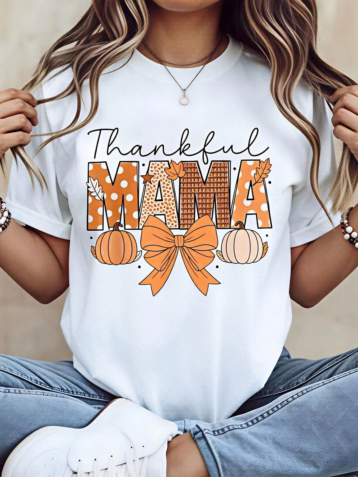 Halloween Thankful Mama Pumpkin Bow Pattern T-Shirts, Casual Autumn Style Graphic Tee