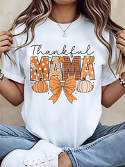 Halloween Thankful Mama Pumpkin Bow Pattern T-Shirts, Casual Autumn Style Graphic Tee