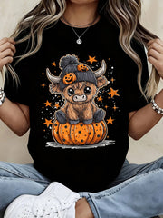 Women Casual Halloween T Shirt Cute Highland Cow Sitting On Pumpkin With Stars Print For Party Festival Daily Wear