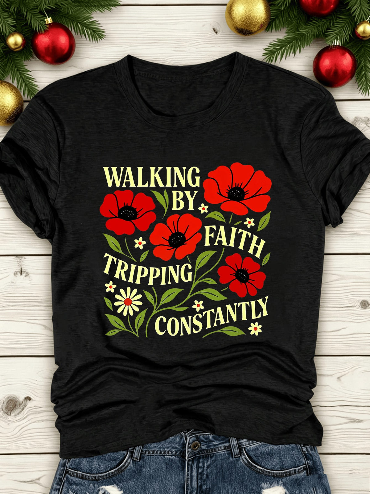 Women's Walking By Faith T-Shirt Chinese Print Round Neck Short Sleeve Top, Breathable Machine Washable Casual Blouse Tee Suitable For Summer