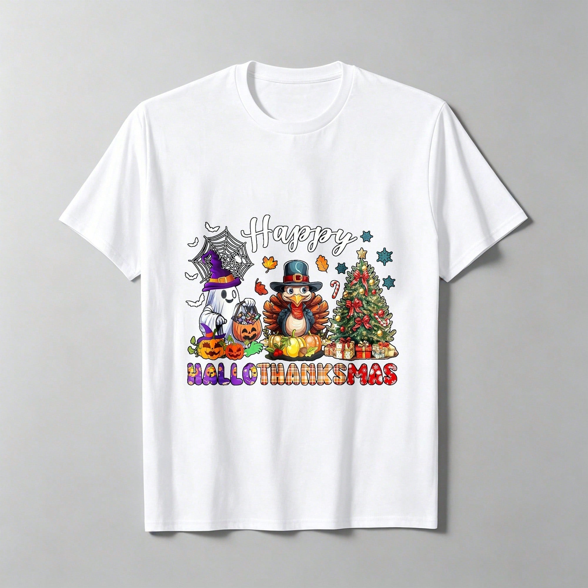 Women's Happy Halloween And Thanksgiving T-Shirt, Breathable, Casual, Suitable As A Gift For Colleagues And For Holiday Parties.