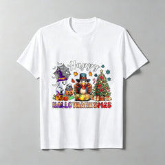 Women's Happy Halloween And Thanksgiving T-Shirt, Breathable, Casual, Suitable As A Gift For Colleagues And For Holiday Parties.