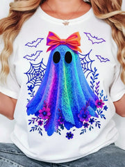 Plus Size Women Fall Y2k Halloween Lace Ghost Doll Bow Letter Graphic Tees Oversized Crew Neck Short Sleeve Tops