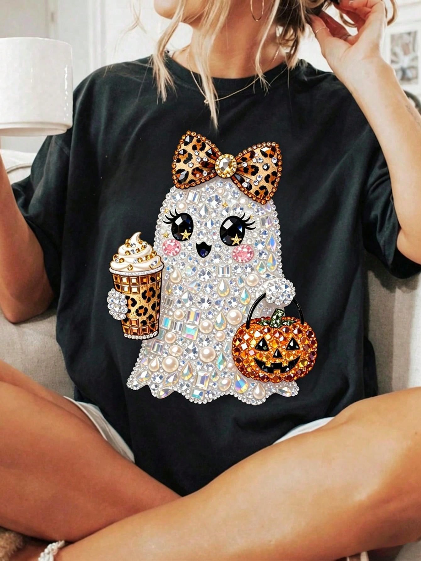 Plus Size Women Halloween Ghost Pumpkin Bow Jack O Lantern Print Crew Neck Short Sleeve Tee