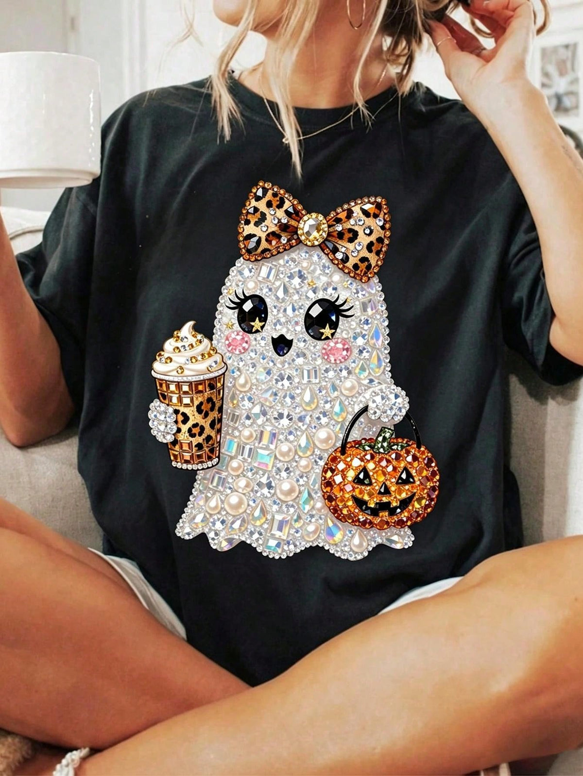 Plus Size Women Halloween Ghost Pumpkin Bow Jack O Lantern Print Crew Neck Short Sleeve Tee