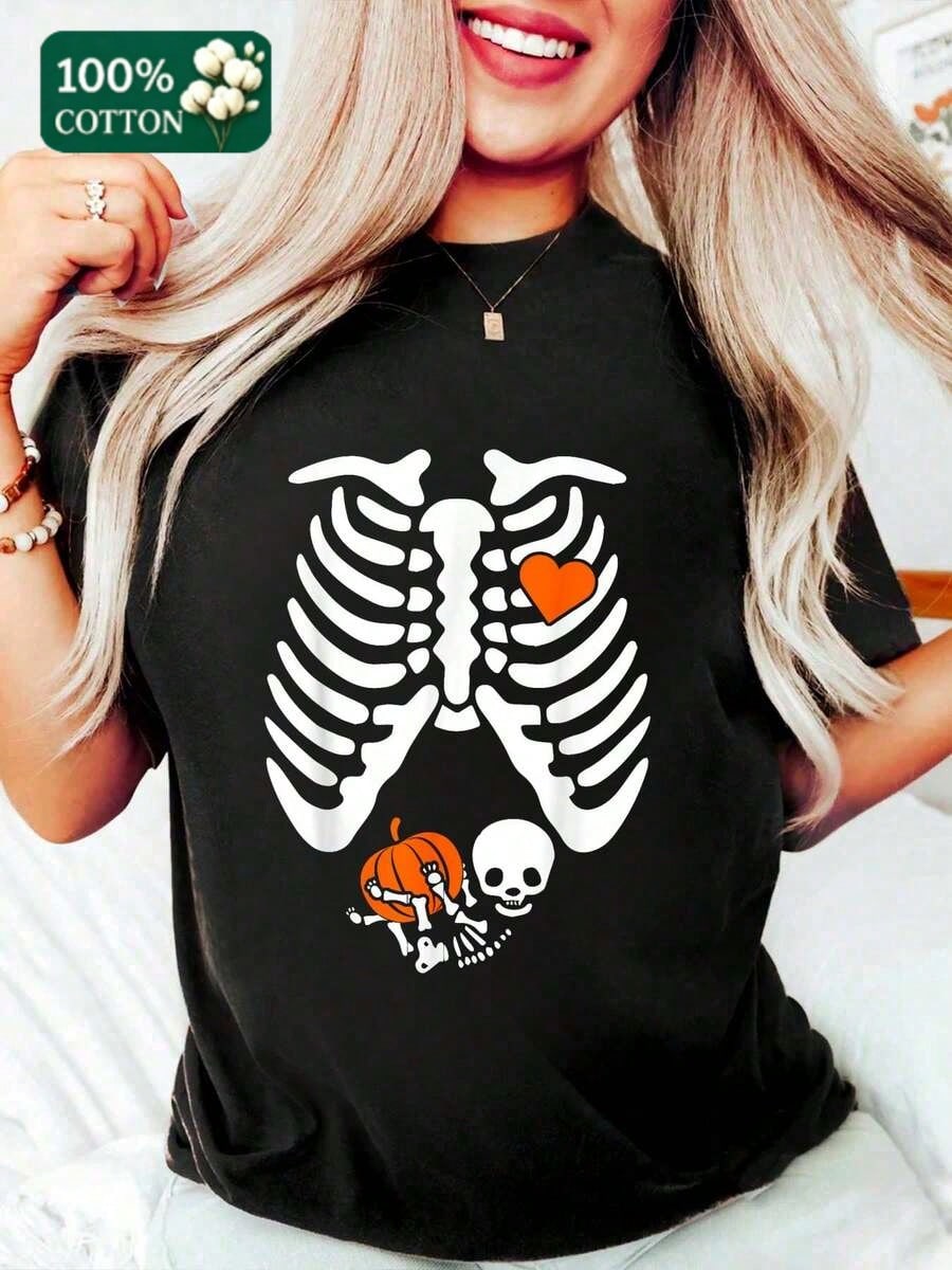 Pregnancy Announcement Mom Halloween Print Cotton Short Sleeve Tee Crew Top