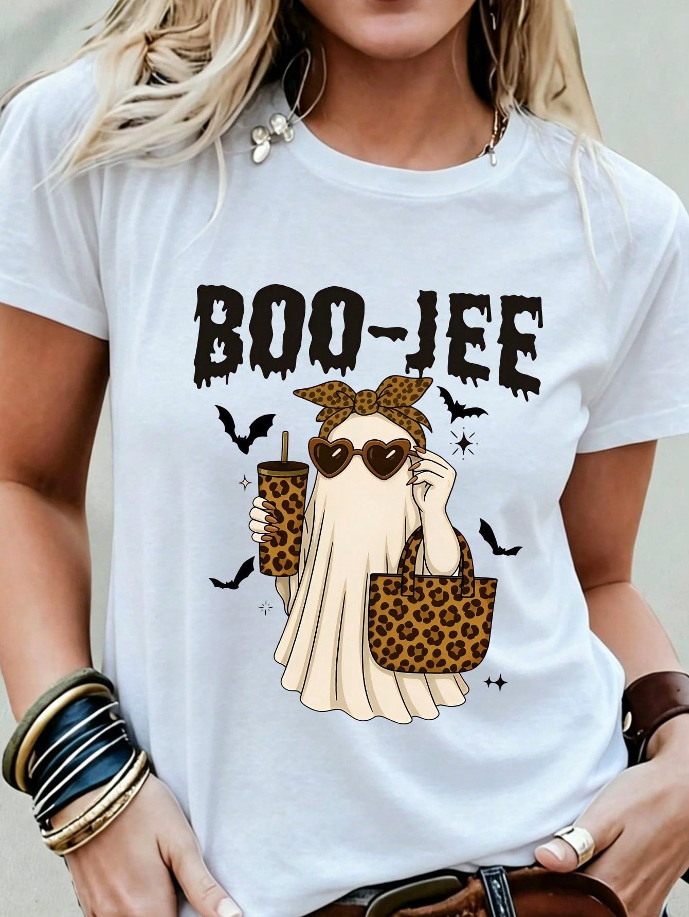 Women's Casual Crew Neck T-Shirt Boo-Jee Leopard Print Printed T-Shirt,