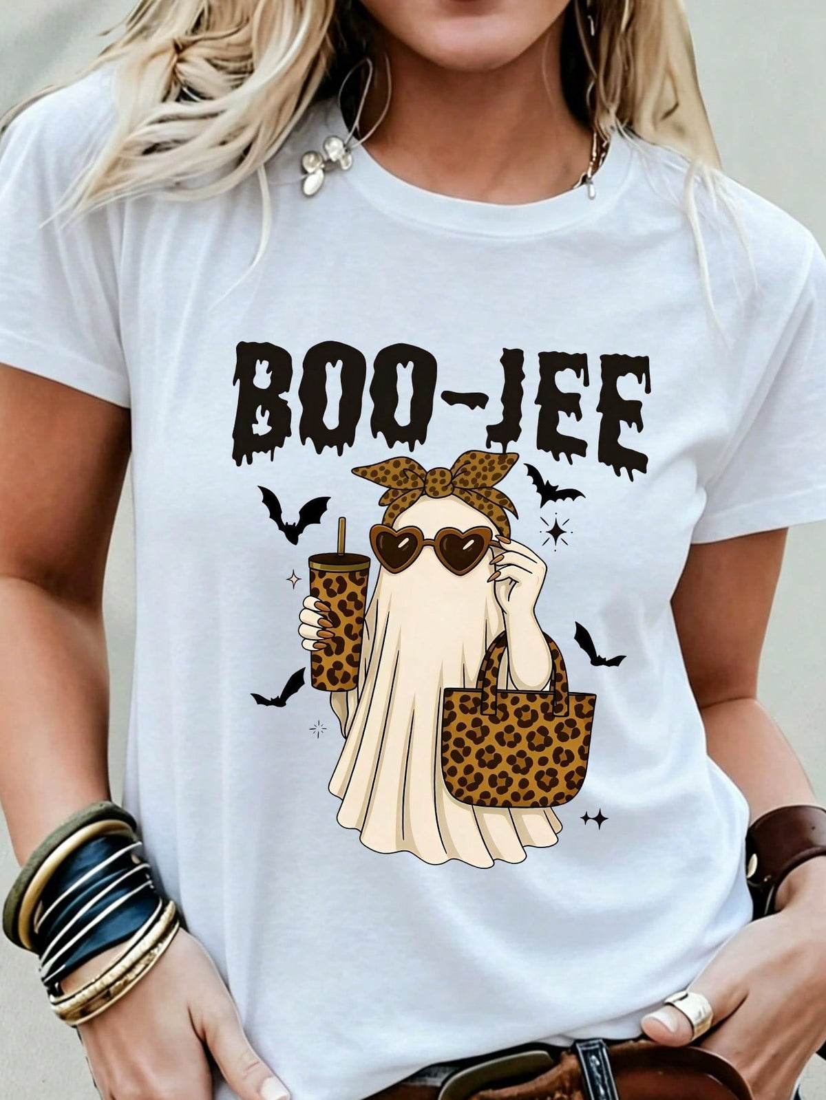 Women's Casual Crew Neck T-Shirt Boo-Jee Leopard Print Printed T-Shirt,