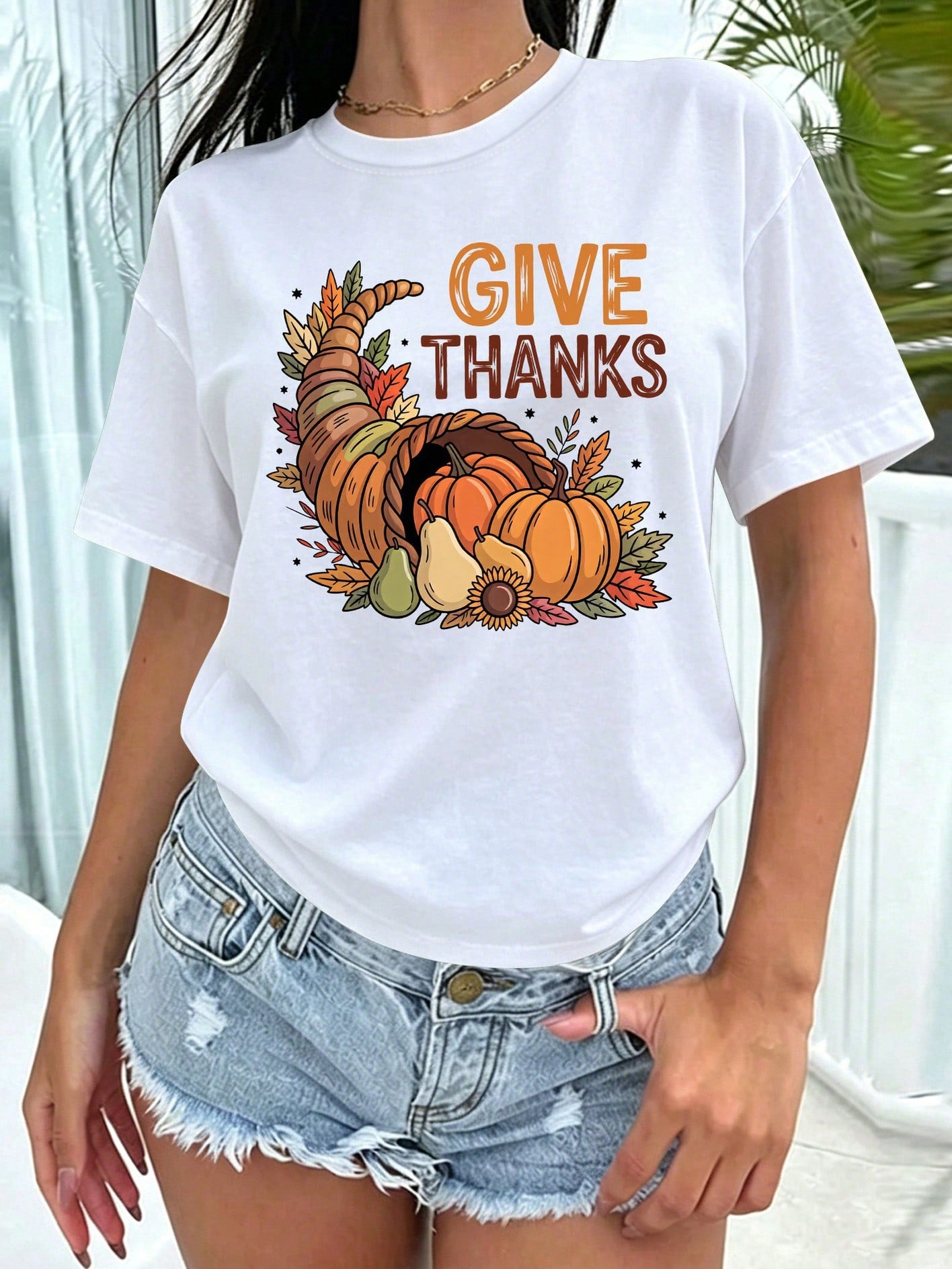 Fall Vibes Only Give Thanks Thanksgiving T‑Shirt, Cute Cornucopia Pumpkin Graphic Tee for Women