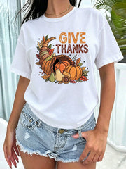 Fall Vibes Only Give Thanks Thanksgiving T‑Shirt, Cute Cornucopia Pumpkin Graphic Tee for Women