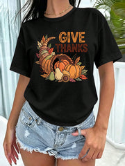 Fall Vibes Only Give Thanks Thanksgiving T‑Shirt, Cute Cornucopia Pumpkin Graphic Tee for Women