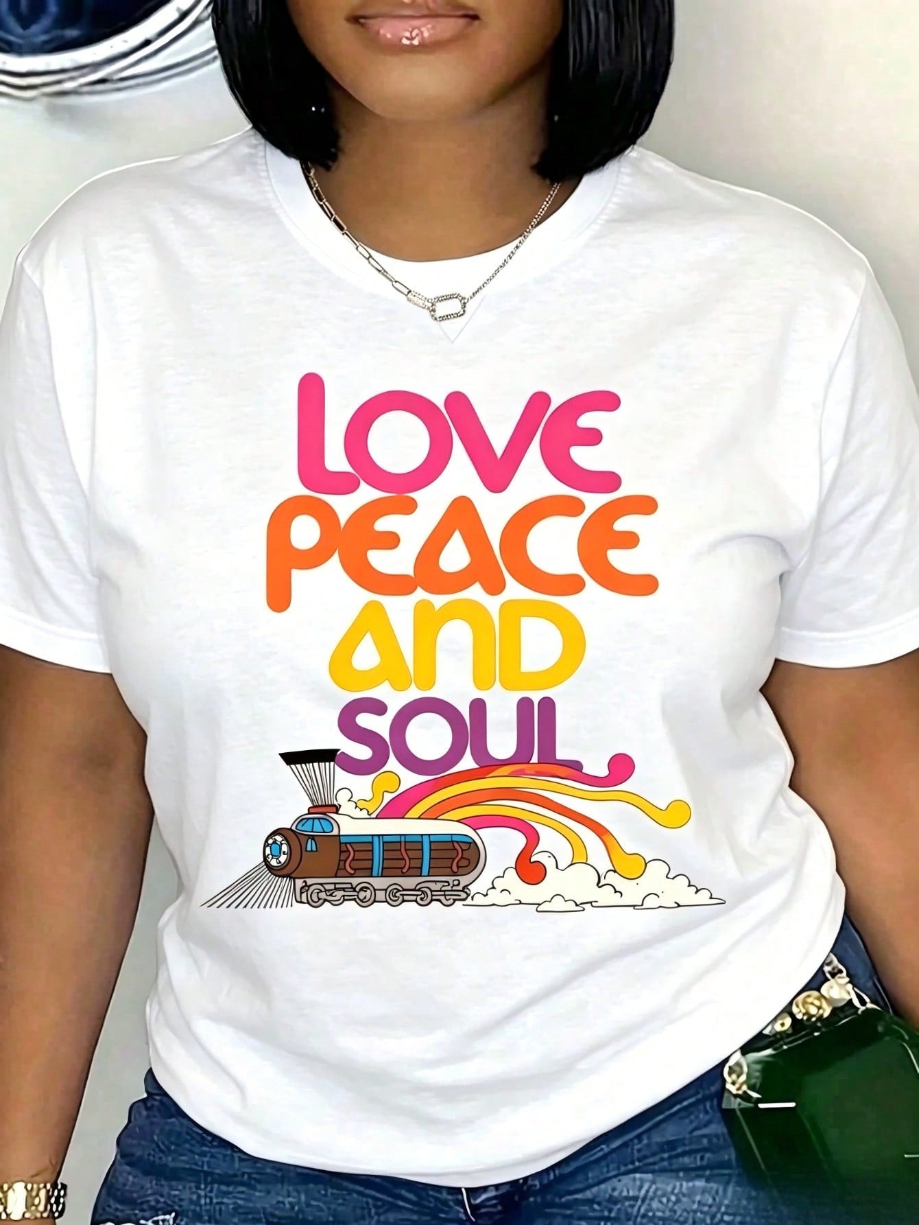 Love Peace And Soul Train Print Oversized Cotton T Shirt Crew Neck Top