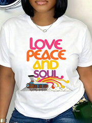 Love Peace And Soul Train Print Oversized Cotton T Shirt Crew Neck Top