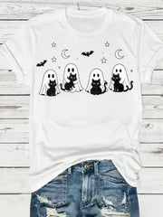 Halloween Ghost Black Cat Print Crew Neck Short Sleeve Tee