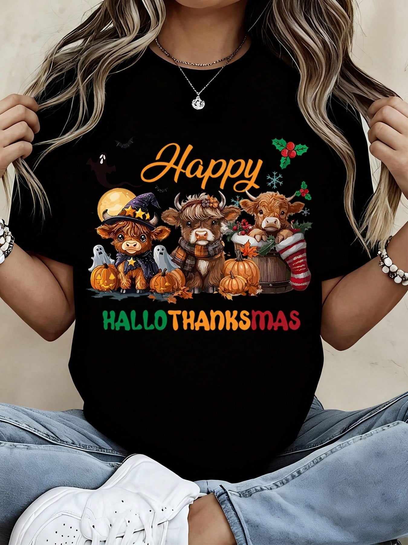 Happy Hallothanksmas Highland Cow Halloween Thanksgiving Christmas Graphic Tee Women Funny Holiday Seasonal Cute Animal Shirt