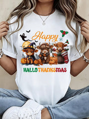 Happy Hallothanksmas Highland Cow Halloween Thanksgiving Christmas Graphic Tee Women Funny Holiday Seasonal Cute Animal Shirt