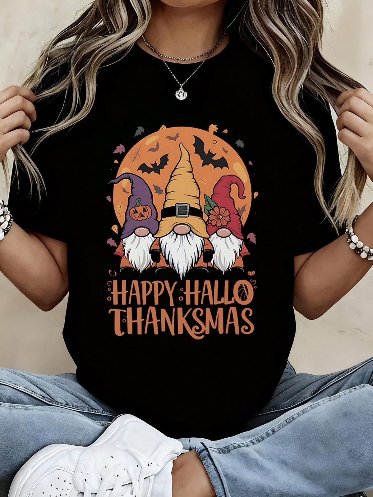 Happy Hallo Thanksmas Gnomes Halloween Thanksgiving Fall Autumn Graphic Tee Women Funny Seasonal Holiday Short Sleeve T Shirt