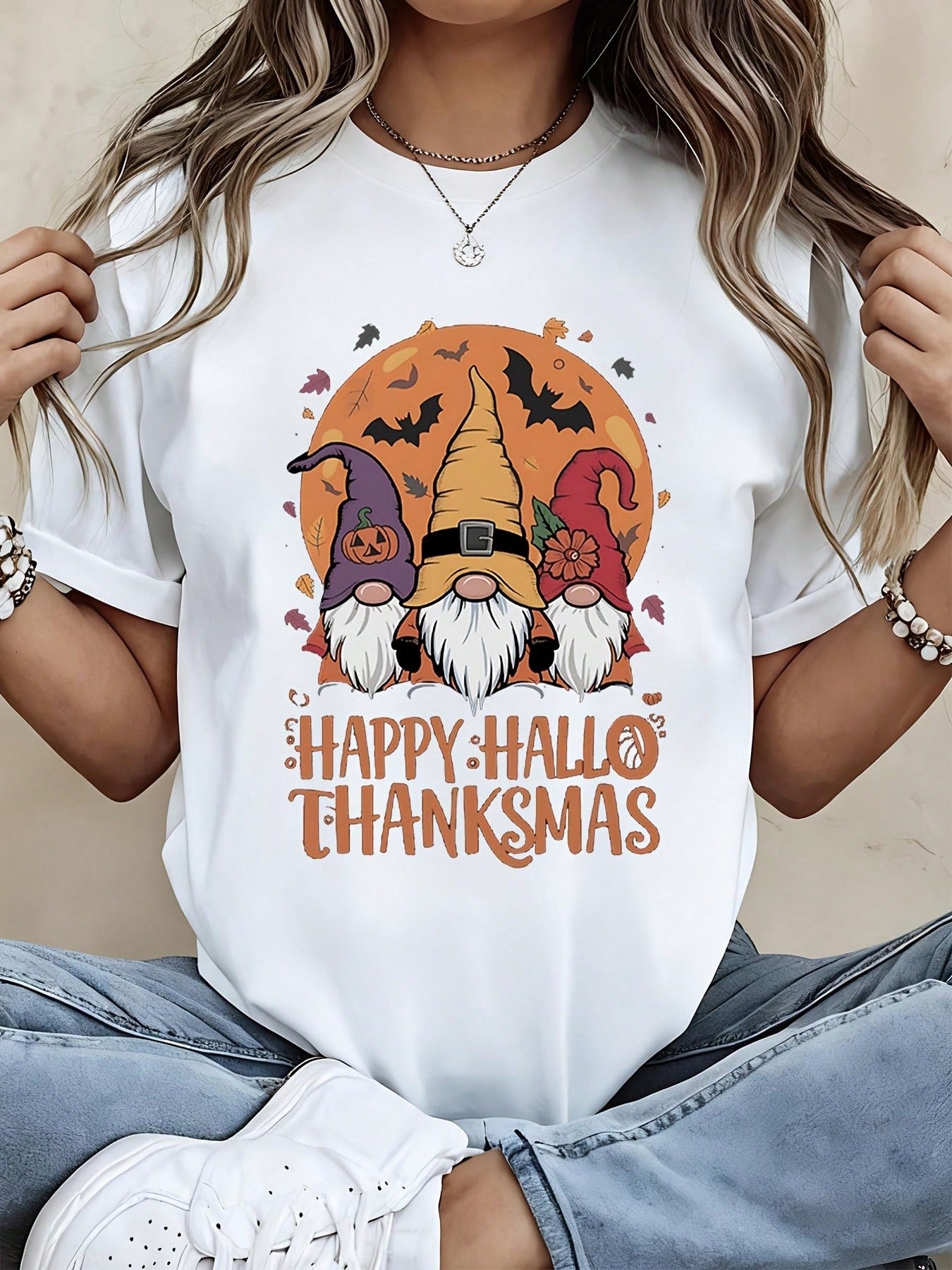 Happy Hallo Thanksmas Gnomes Halloween Thanksgiving Fall Autumn Graphic Tee Women Funny Seasonal Holiday Short Sleeve T Shirt