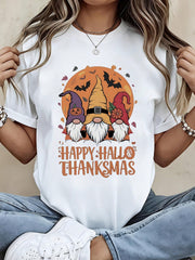 Happy Hallo Thanksmas Gnomes Halloween Thanksgiving Fall Autumn Graphic Tee Women Funny Seasonal Holiday Short Sleeve T Shirt