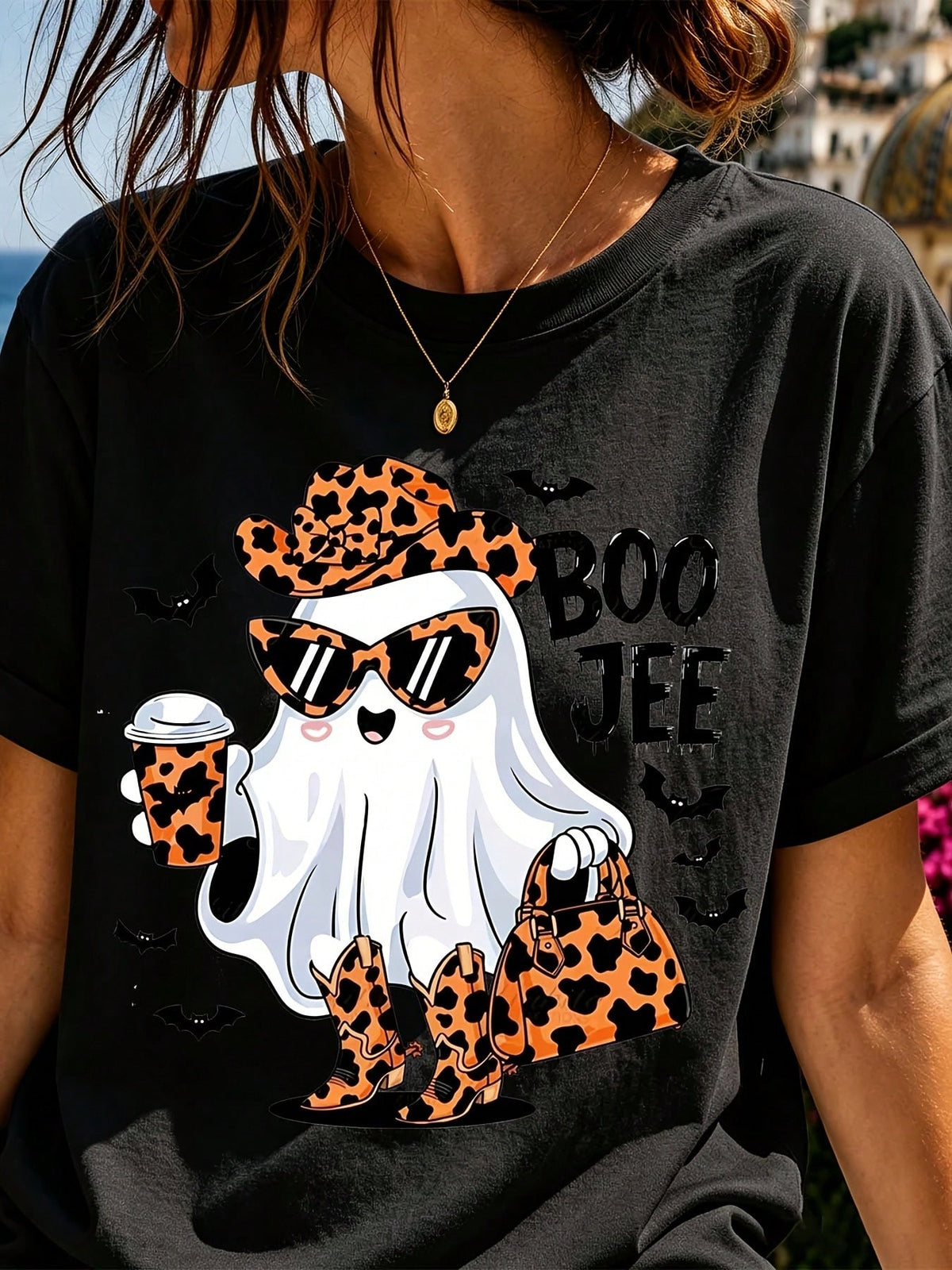 Funny Halloween Women's T-Shirt Cute Leopard Ghost Boo Jee Graphic Tee For Fall Party