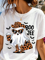 Funny Halloween Women's T-Shirt Cute Leopard Ghost Boo Jee Graphic Tee For Fall Party