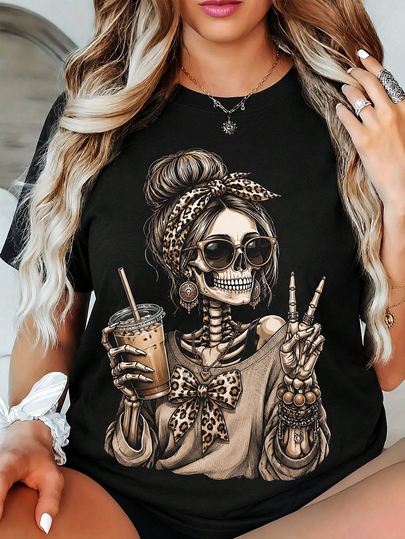 Women's Black T-Shirt, Leopard Print Skeleton Girl With Iced Coffee And Peace Sign Graphic, Halloween Christmas Hot , Gift For Women Girls Friends