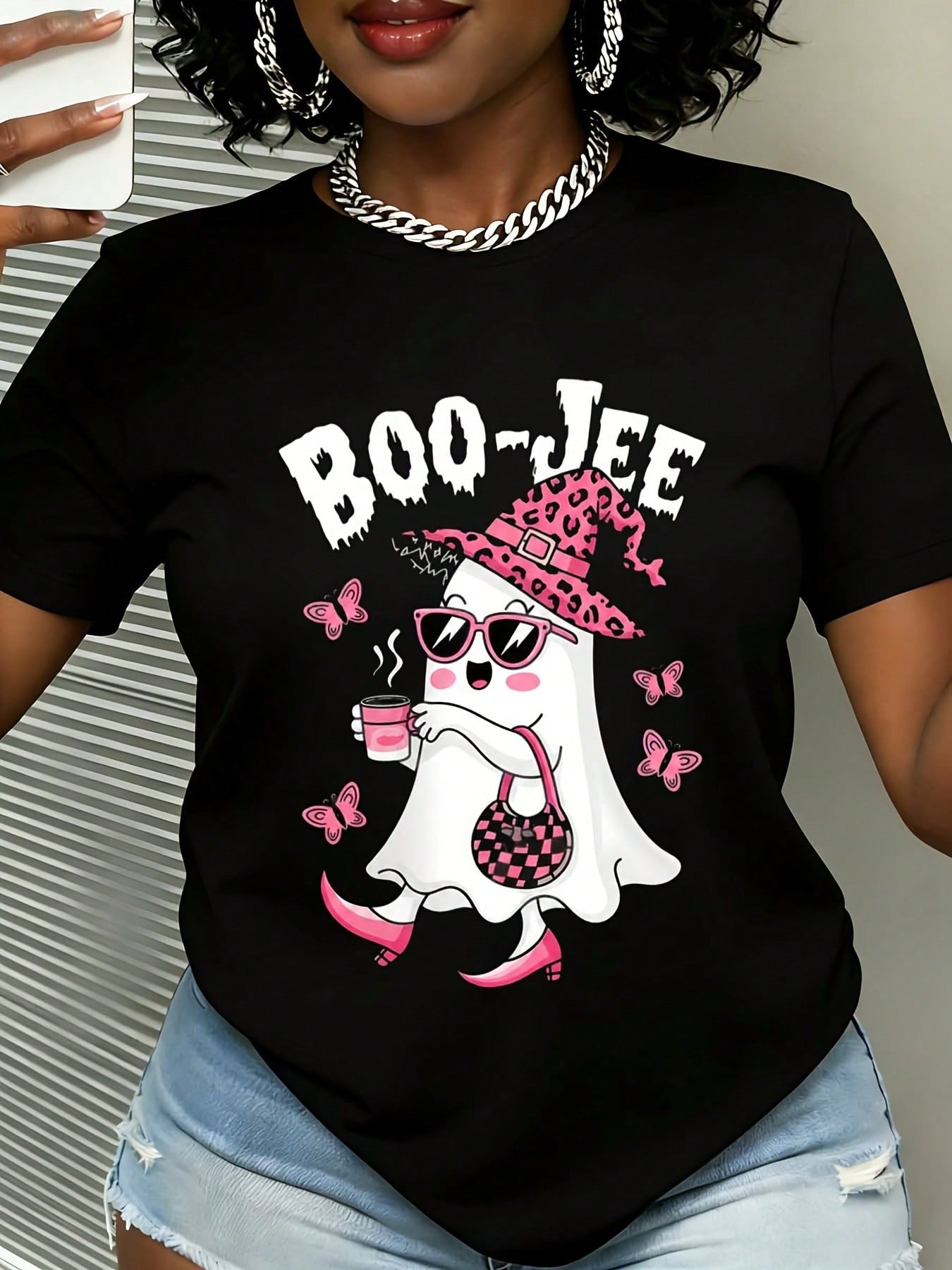 Casual Funny, Women's T-Shirt, Boo-Jee Ghost With Pink Witch Hat And Sunglasses Graphic, Halloween Party Fall Season