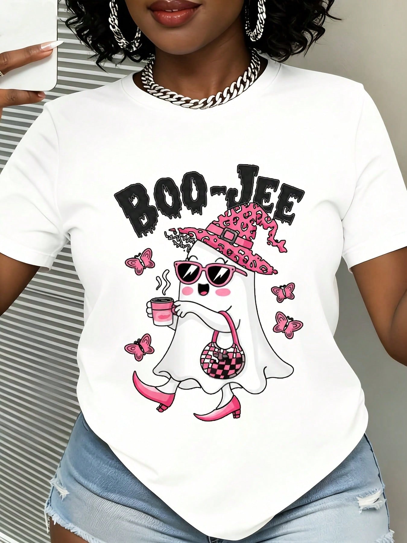 Casual Funny, Women's T-Shirt, Boo-Jee Ghost With Pink Witch Hat And Sunglasses Graphic, Halloween Party Fall Season