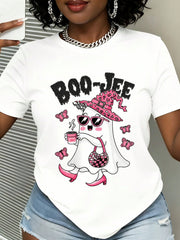 Casual Funny, Women's T-Shirt, Boo-Jee Ghost With Pink Witch Hat And Sunglasses Graphic, Halloween Party Fall Season