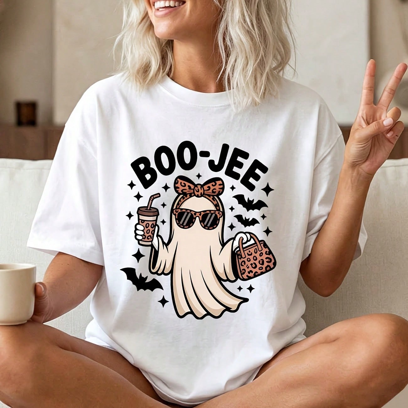 Halloween Women's T-Shirt Boo-Jee Ghost Graphic Funny Cute Design Fall Party Casual Wear