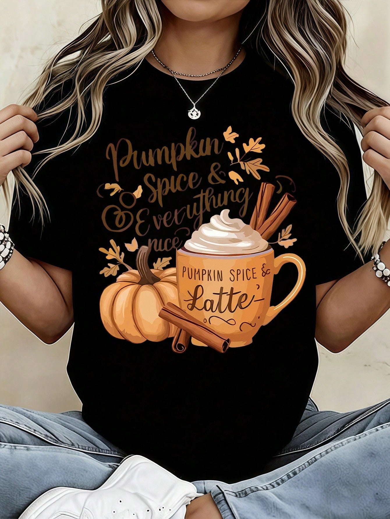 Fall Pumpkin Spice & Everything Nice Print 100% Cotton Women T-Shirt, Pumpkin Latte Cinnamon Vintage Graphic Crew Neck Tee