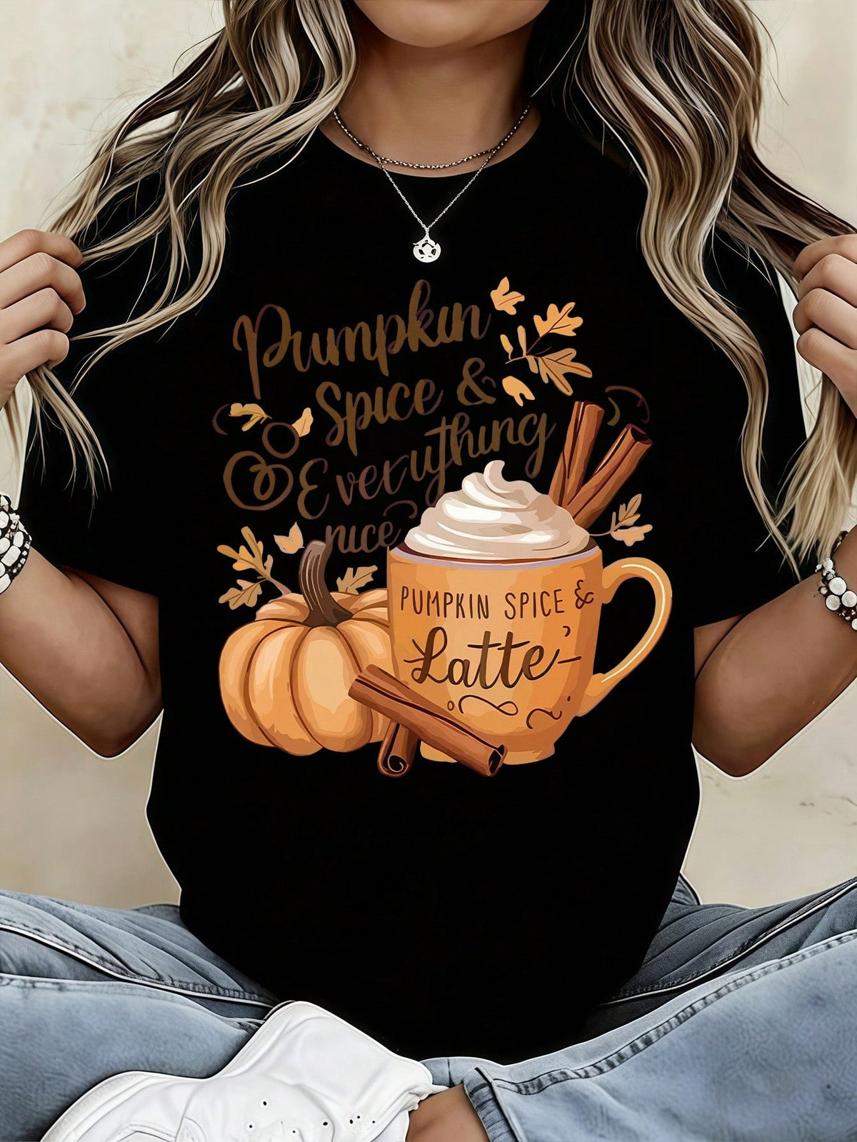 Fall Pumpkin Spice & Everything Nice Print 100% Cotton Women T-Shirt, Pumpkin Latte Cinnamon Vintage Graphic Crew Neck Tee