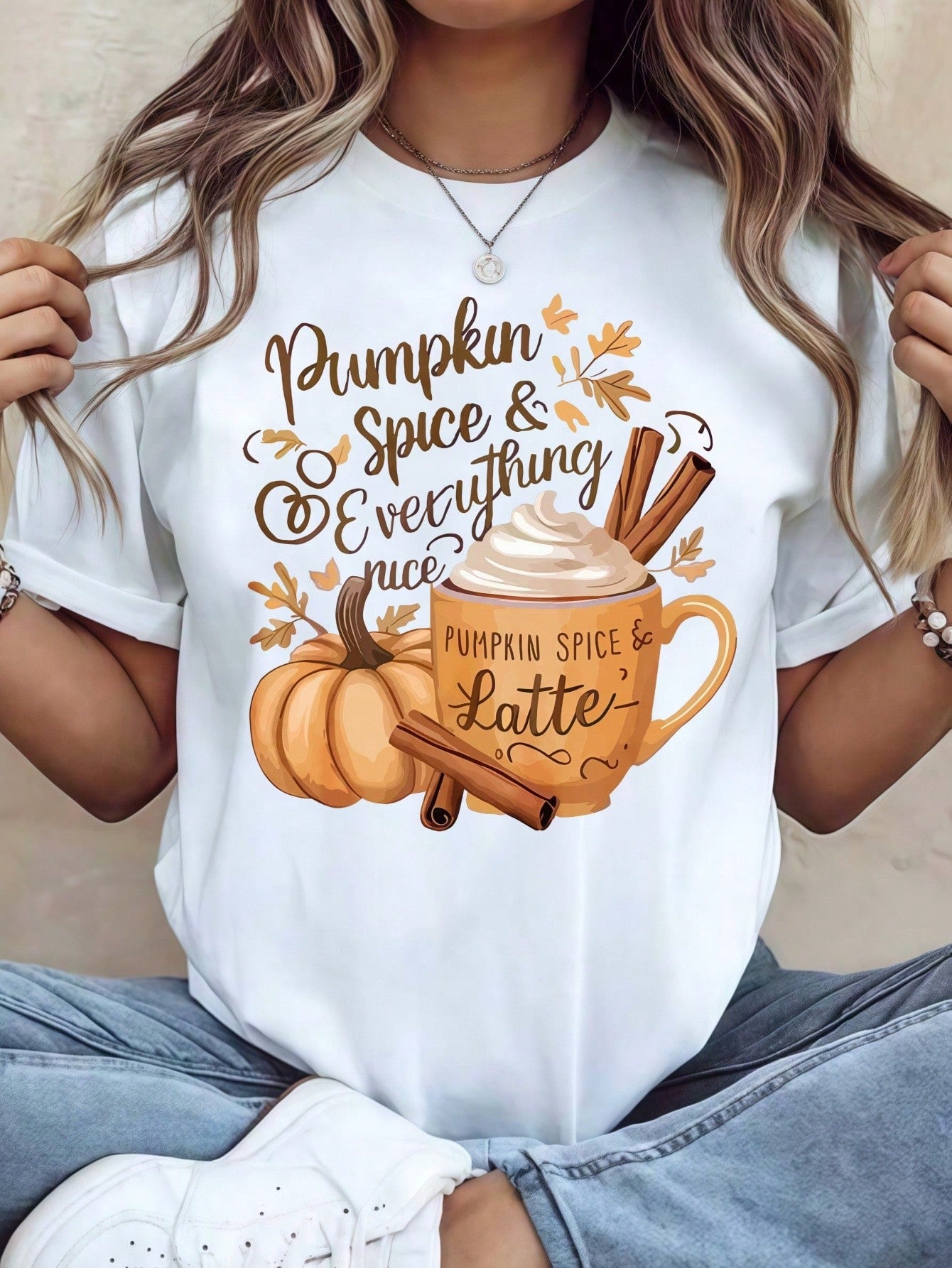 Fall Pumpkin Spice & Everything Nice Print 100% Cotton Women T-Shirt, Pumpkin Latte Cinnamon Vintage Graphic Crew Neck Tee