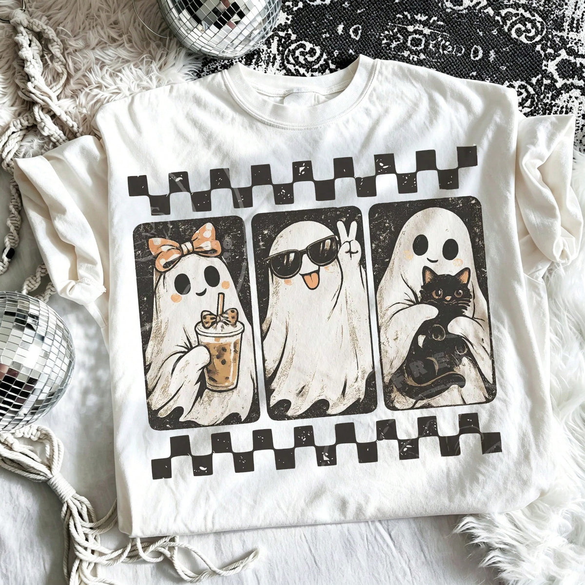 Women's Crew Neck T-Shirt With Retro Checkerboard And Ghost Print – Women's Autumn Apparel / Halloween Clothing