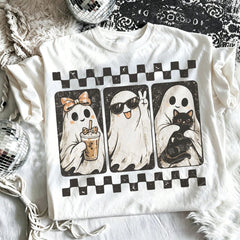 Women's Crew Neck T-Shirt With Retro Checkerboard And Ghost Print – Women's Autumn Apparel / Halloween Clothing