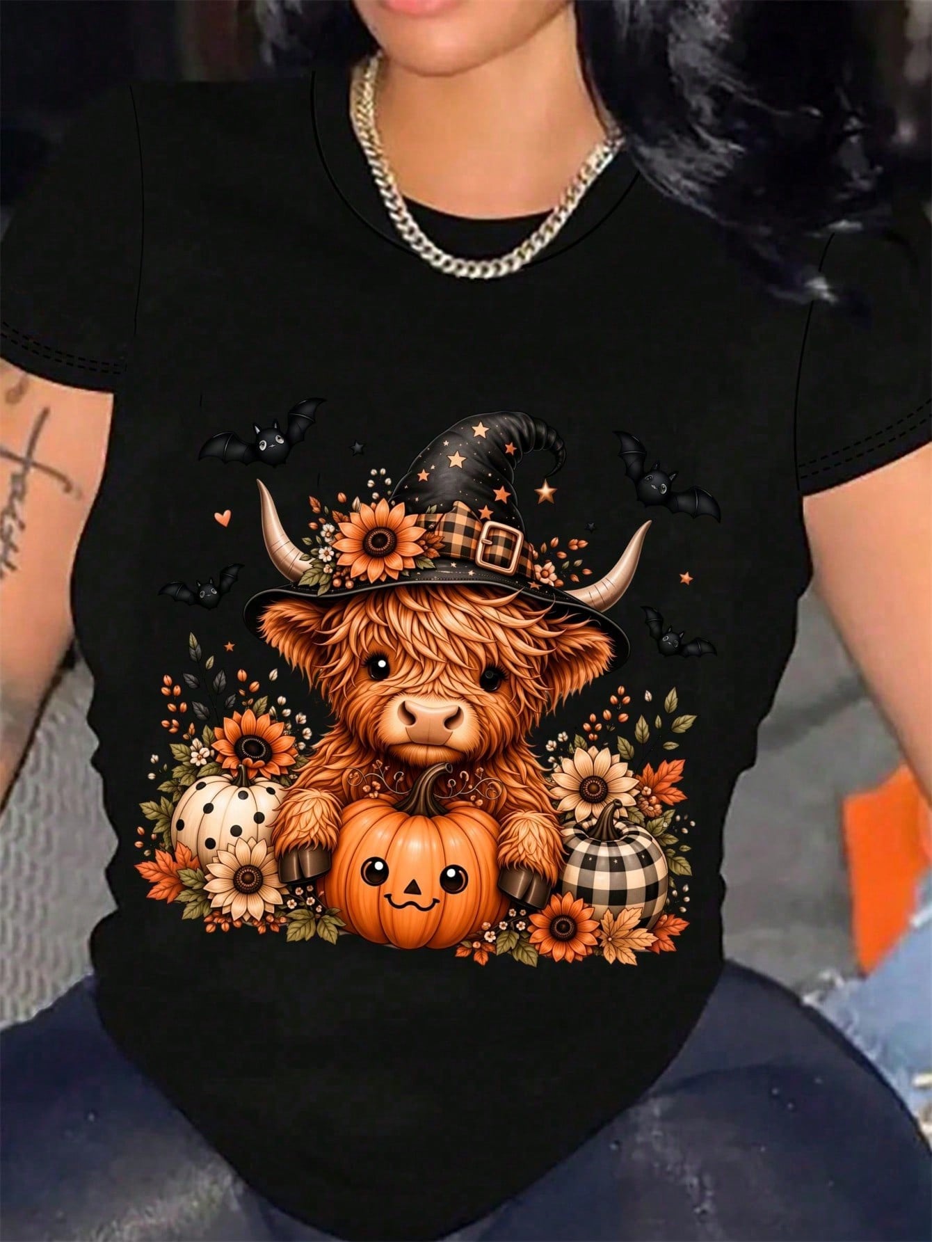 Women's Black-Shirt Cute Highland Cow Witch Hat Pumpkin Halloween Party Top