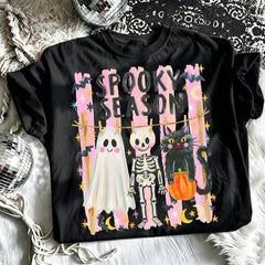 Spooky Season Cute Ghost Skeleton Black Cat Graphic Tee Halloween Preppy Aesthetic Graphic Short Sleeve Fall Party Outfits