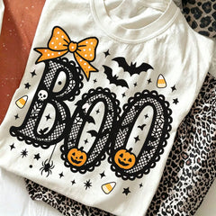 Cute Boo Letter & Bow Graphic Tee Halloween Spooky Season Lace Pattern Preppy Short Sleeve